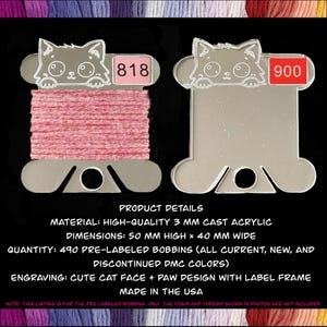 May include: Clear acrylic thread bobbin with a cute cat face design and the number 818 on a red label. The bobbin holds pink thread. The dimensions are 50 mm high x 40 mm wide.