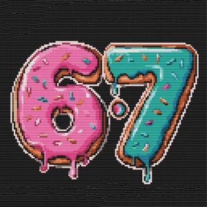 以下が含まれることがあります： ドーナツとしてデザインされた数字「67」のデジタルイラスト。 「6」はピンク色のフロスティングとスプリンクルで、 「7」はティール色のフロスティングとスプリンクルです。 背景は黒です。