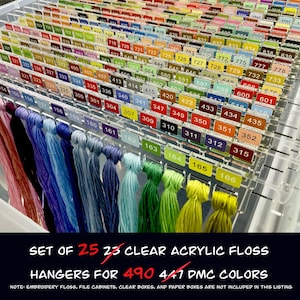 Set of 25 Clear Acrylic Pre-Labeled Floss Hangers for 490 DMC Colors–Perfect Present for Cross Stitchers, Gift Thread Hangers, Foss Storage