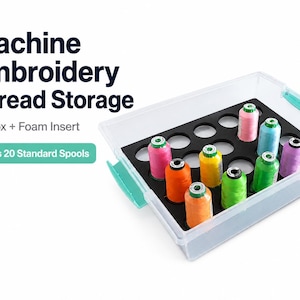 May include: A clear 4L plastic storage box with teal latches containing a black foam insert with 20 circular cutouts. Several colorful embroidery thread spools are placed in the foam. Text reads: Machine Embroidery Thread Storage, 4L Box + Foam Insert, Holds 20 Standard Spools.