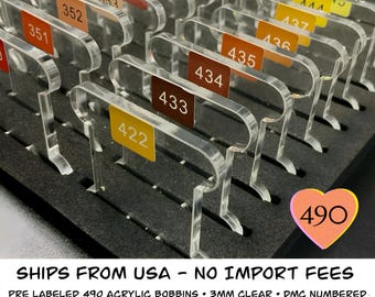 Pre Labeled Acrylic Bobbins 490 Colors DMC Numbered 3mm Clear Set Ships from USA