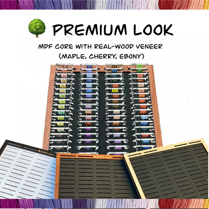 May include: A wooden yarn organizer with the text "PREMIUM LOOK" and "MDF CORE WITH REAL-WOOD VENEER (MAPLE, CHERRY, EBONY)". The organizer has multiple slots for yarn, with color-coded labels. Additional organizer boards are visible.