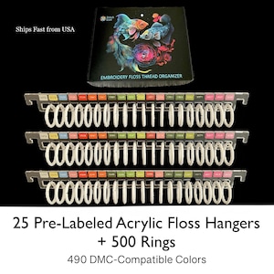 Holiday Gift Box • 25 Pre-Labeled Acrylic Floss Hangers + 500 Rings • 490 DMC-Compatible Colors • Cross Stitch Organizer Set