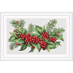 Christmas Winterberry cross stitch pattern, Christmas Decoration xstitch, Happy Holidays xstitch, Christmas Tree and Berries Pattern - PDF