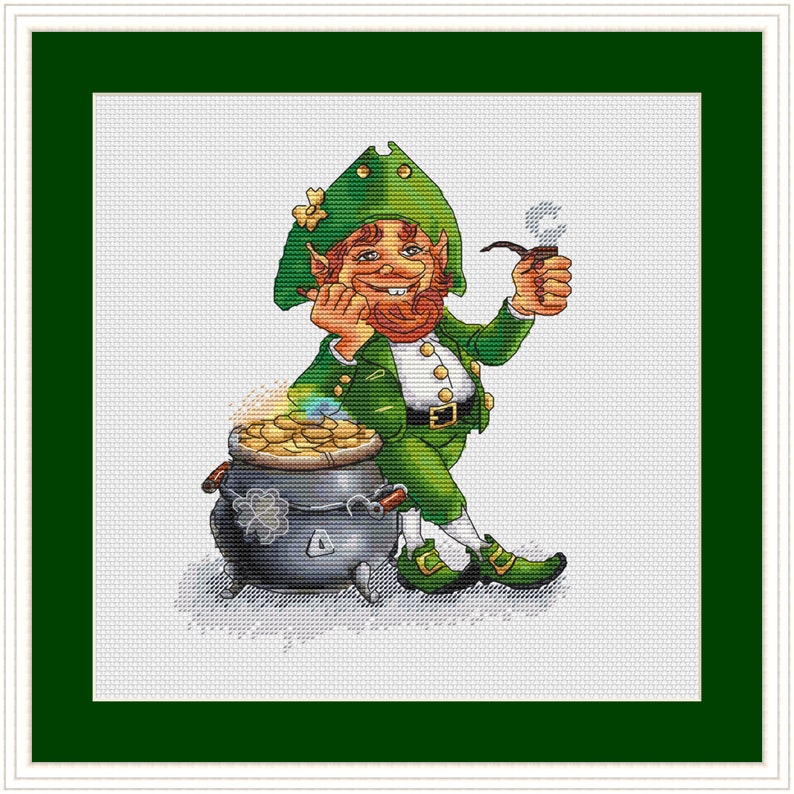 Leprechaun Gnome with Pot of Gold cross stitch pattern, Saint Patricks Day Leprechaun xstitch, Great Gift modern xstitch PDF download image 7