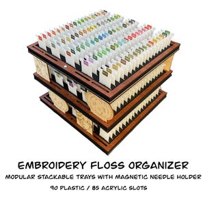 May include: A three-tiered embroidery floss organizer made of dark wood. The organizer has multiple slots filled with colored floss, each labeled with a number. The text "EMBROIDERY FLOSS ORGANIZER" is at the bottom.
