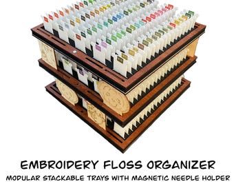 May include: A three-tiered embroidery floss organizer made of dark wood. The organizer has multiple slots filled with colored floss, each labeled with a number. The text "EMBROIDERY FLOSS ORGANIZER" is at the bottom.