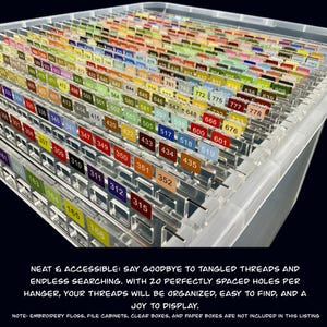 May include: A clear acrylic thread organiser filled with colourful thread spools, each labelled with a number. The organiser has multiple rows of threads, neatly arranged for easy access. Text on the image reads: "NEAT & ACCESSIBLE: SAY GOODBYE TO TANGLED THREADS AND ENDLESS SEARCHING."