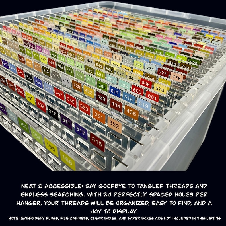 May include: A clear acrylic thread organiser filled with colourful thread spools, each labelled with a number. The organiser has multiple rows of threads, neatly arranged for easy access. Text on the image reads: "NEAT & ACCESSIBLE: SAY GOODBYE TO TANGLED THREADS AND ENDLESS SEARCHING."