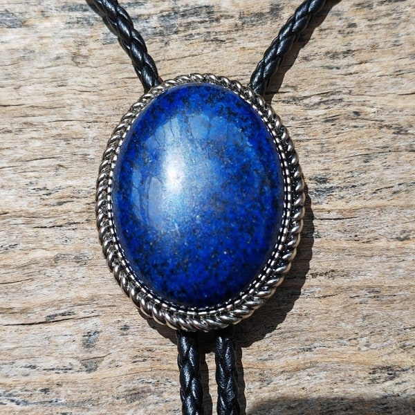 Lapis Lazuli Bola Bolo Tie - Wedding Necklace - PU Leather Rope - Western Cowboy - Native American Style Necktie