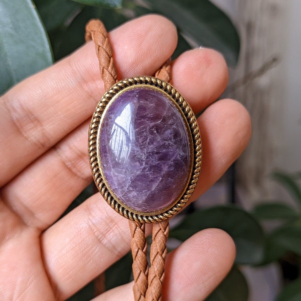 Small Amethyst Bolo Tie - Wedding Necklace -  Brown Leather Rope Bola Tie - Western Cowboy - Native American Style Necktie