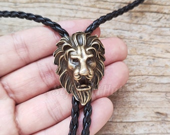 Copper Lion Head Bola Bolo Tie - Wedding Necklace - PU Leather Rope - Western Cowboy Bolo - Native American Style Necktie