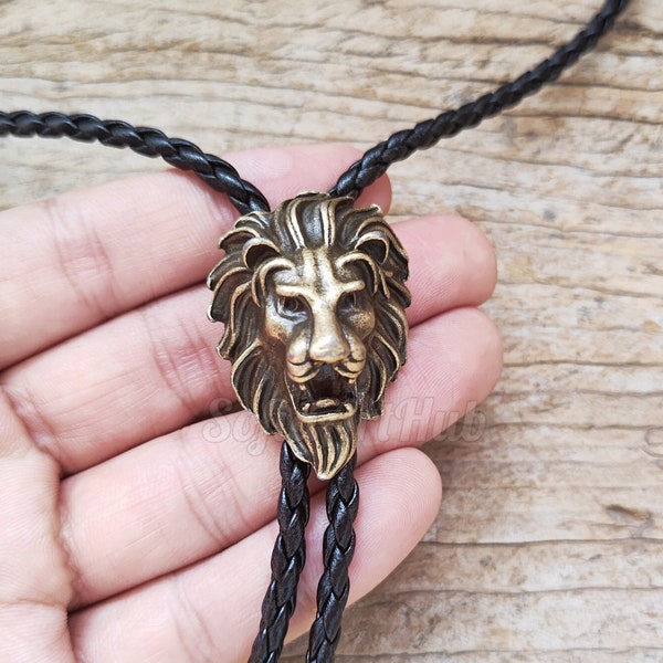 Copper Lion Head Bola Bolo Tie - Wedding Necklace - PU Leather Rope - Western Cowboy Bolo - Native American Style Necktie