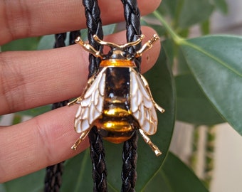 3D Bee Bola Bolo Tie - Wedding Necklace - PU Leather Rope - Western Cowboy Bolo - Native American Style Necktie