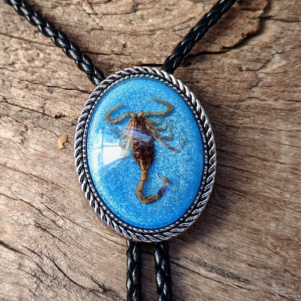 Blue Real Scorpion Bola Bolo Tie - Wedding Necklace - PU Leather Rope - Western Cowboy - Native American Style Necktie