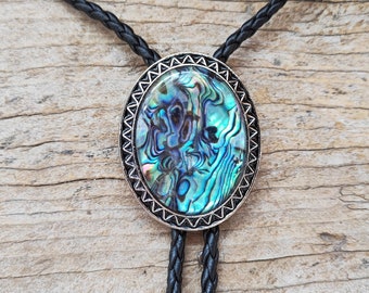 Abalone Shell Bola Tie - Silver Plated Western Cowboy Necktie