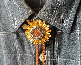 Summer Sunflower Bola Bolo Tie - Gold/Silver Wedding Necklace - Leather Rope - Western Cowboy - Native American Style Necktie