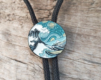 Japanese Ukiyoe Sea Waves Bola Bolo Tie - Leather Rope Wedding Necklace - Western Cowboy Bolos - Native American Style Necktie