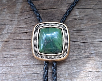 Square Natural Jade Bola Bolo Tie - Leather Rope Wedding Necklace - Golden Western Cowboy Bolos - Native American Style Necktie