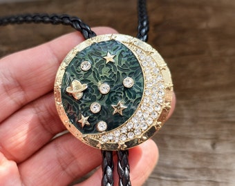 Universe Planets Moon Rhinestone Bolo Tie - Wedding Necklace -  Faux Leather Rope Bola Tie - Western Cowboy - Native American Style Necktie