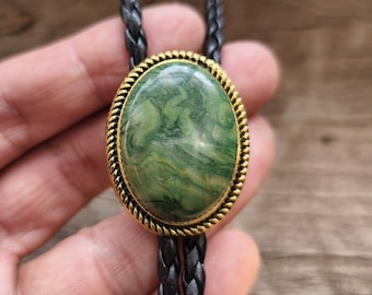 Golden Edge Natural Stripe Jade Bola Bolo Tie - Leather Rope Wedding Necklace - Western Cowboy Bolos - Native American Style Necktie