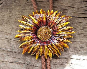 Giant Sunflower Bolo Tie for Cowboy Wedding - Bold Golden Bloom Faux Leather Necklace - Western Groomsmen Gift, Rustic Bridal Accessory
