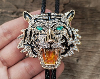 Gold Diamond Tiger Head Bola Bolo Tie Wedding Necklace - Western Cowboy - Native American Style Necktie