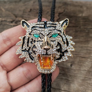 Gold Diamond Tiger Head Bola Bolo Tie Wedding Necklace - Western Cowboy - Native American Style Necktie