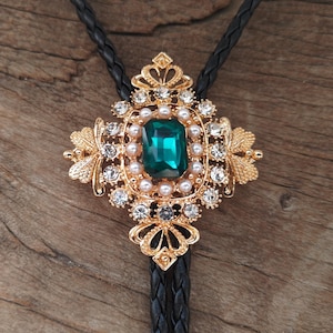 Golden Flower Diamond Bolo Tie - Wedding Necklace -  Leather Rope Bola Tie -  Cowboy Style Necktie