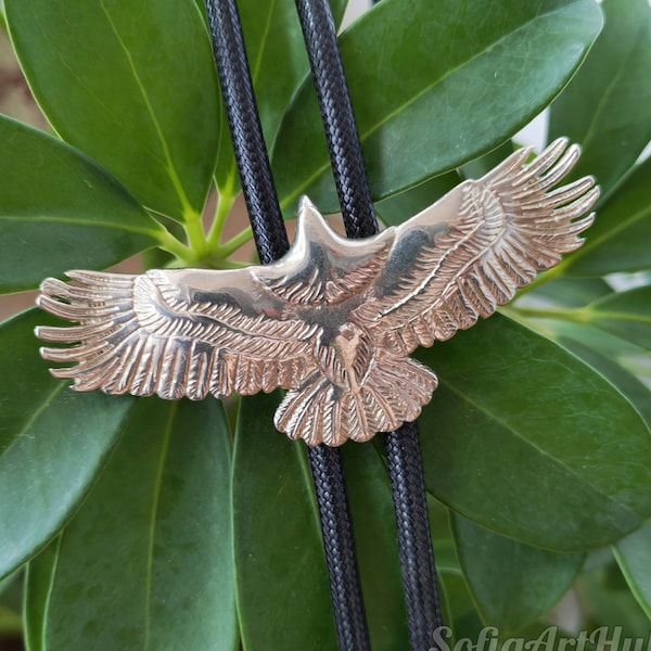 Silver Flying Eagle Bola Bolo Tie - Wedding Necklace - Wax Rope - Western Cowboy - Native American Style Necktie