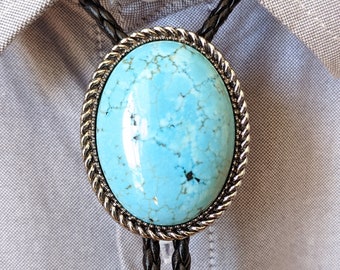 Natural Turquoise Bola Bolo Tie - Wedding Necklace - PU Leather Rope - Western Cowboy - Native American Style Necktie