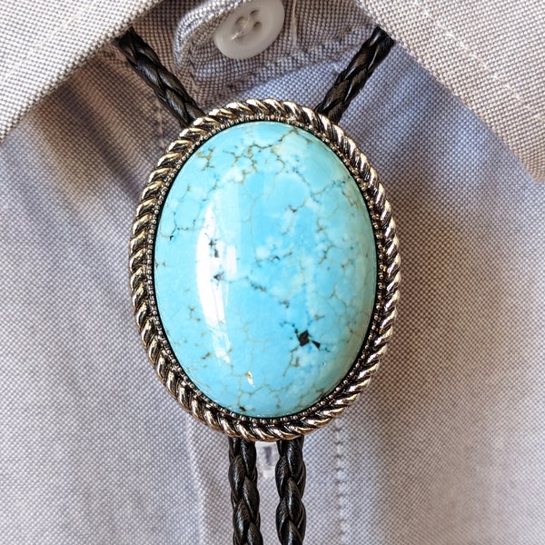 Natural Turquoise Bola Bolo Tie - Wedding Necklace - PU Leather Rope - Western Cowboy - Native American Style Necktie