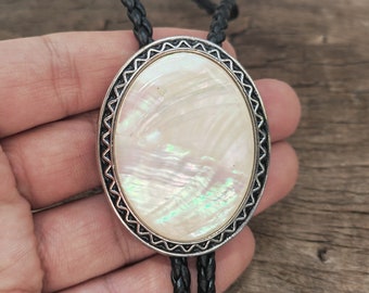 Mother of Pearl Shell Bolo Tie - Wedding Necklace -  Faux Leather Rope Bola Tie - Western Cowboy - Native American Style Necktie