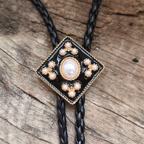 Cross Pearl Flower Bola Bolo Tie - Leather Rope Wedding Necklace - Golden Western Cowboy Bolos - Native American Style Necktie