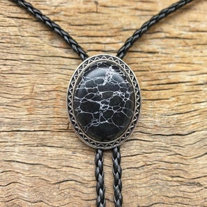Black Granite Bolo Tie – Silver-Plated Western Cowboy Necklace