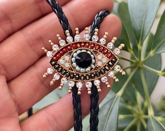 Rhinestone Demons Eye Bolo Tie – Western Cowboy Leather Necklace
