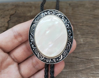 Mother of Pearl Shell Bolo Tie: Silver-Plated Western Cowboy Necklace
