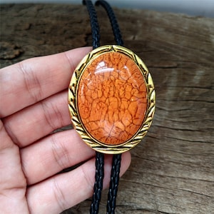 Orange Coral Stone Bolo Tie: Gold Plated Western Cowboy Necktie