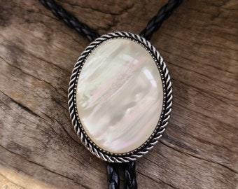 Mother of Pearl Shell Bolo Tie - Wedding Necklace -  Faux Leather Rope Bola Tie - Western Cowboy - Native American Style Necktie