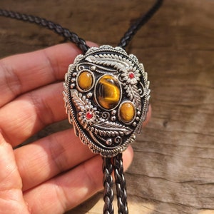 3 Tigers Eye Stone & Ruby Flower Bolo Tie - Faux Leather Wedding Necklace - Western Cowboy - Native American Style Necktie