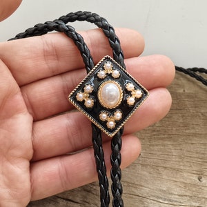 Pearl Cross Bolo Tie - Golden Western Wedding Necktie Faux Leather Necklace