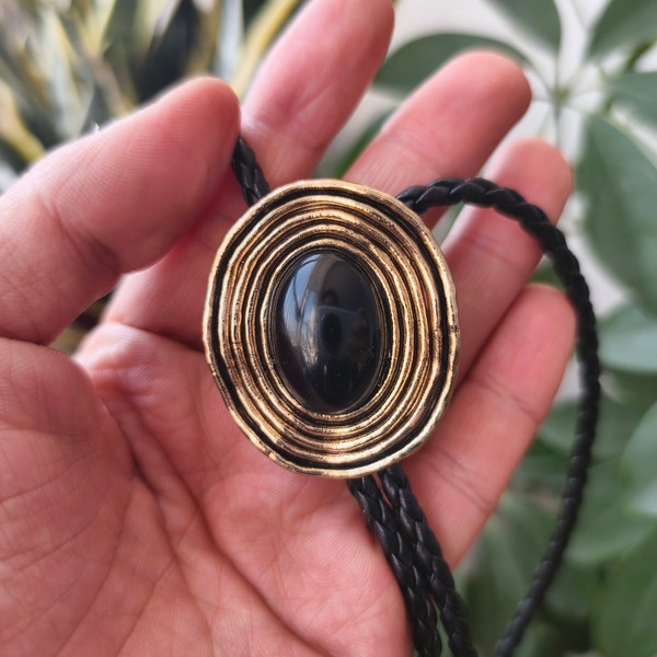Black Agate Bola Tie – Golden Vortex, Western Cowboy Necktie