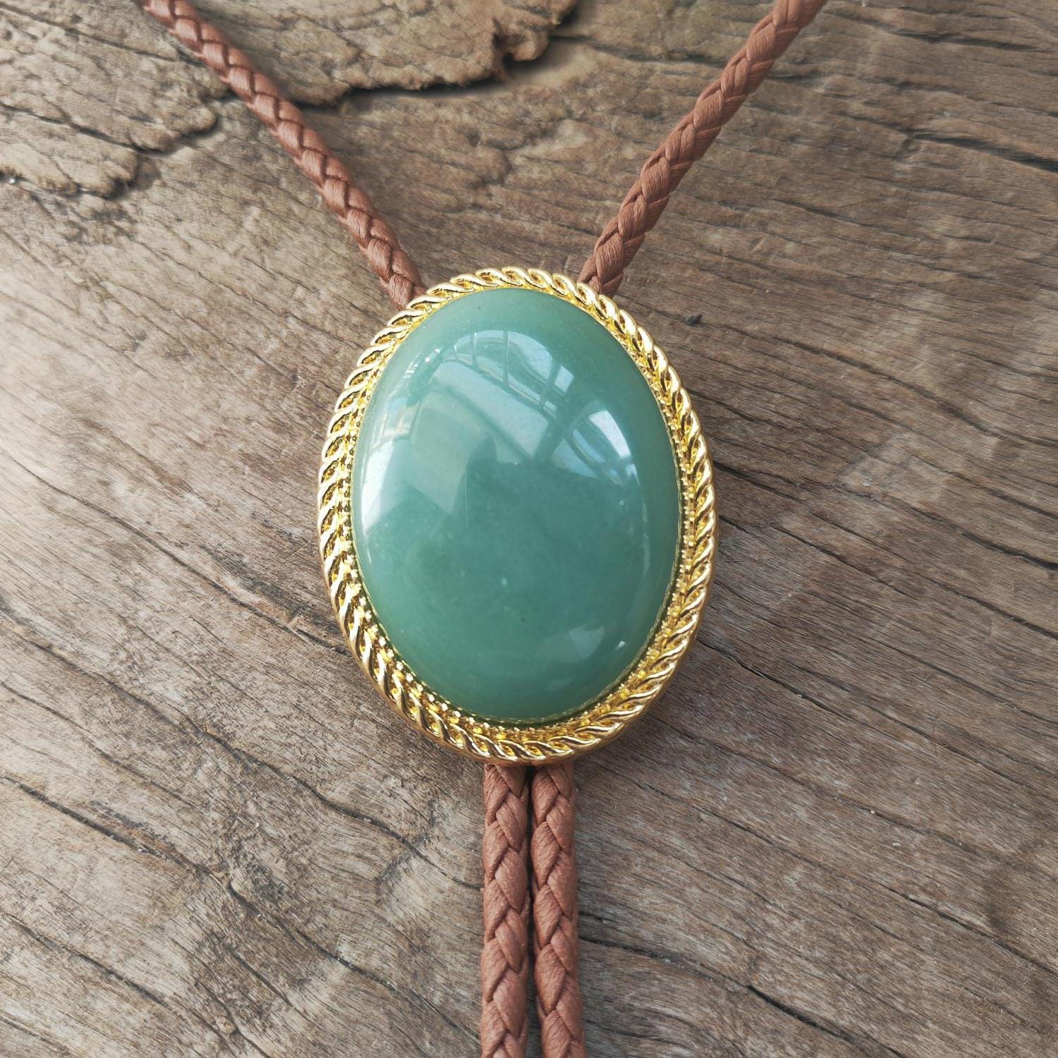Vintage Green jade Bolo tie tie and belt buckle set in gold tone Green Jade Bolo Tie Necklace & Belt Buckle Set - Western  main image 3