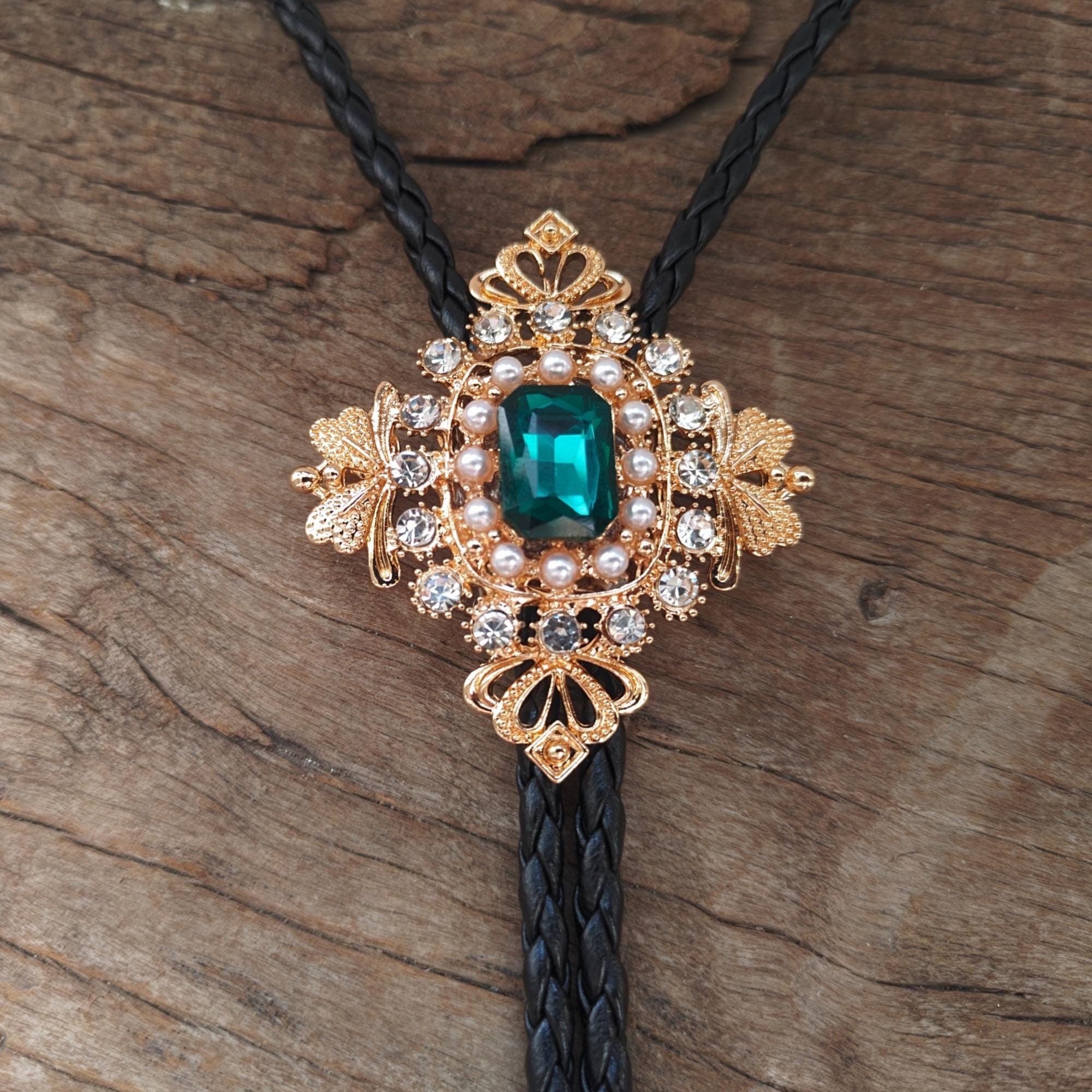 Golden Flower Diamond Bolo Tie - Wedding Necklace -  Leather Rope Bola Tie -  Cowboy Style Necktie