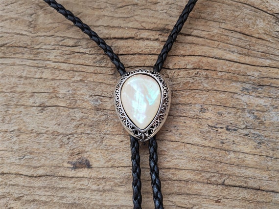 Mother of Pearl Bola Tie – Silver Plated Water Drop Pendant, Western Bolo Tie