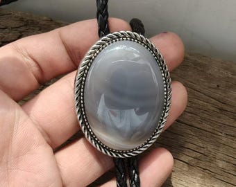Grey Blue Agate Bolo Tie: Western Cowboy Necklace, PU Leather