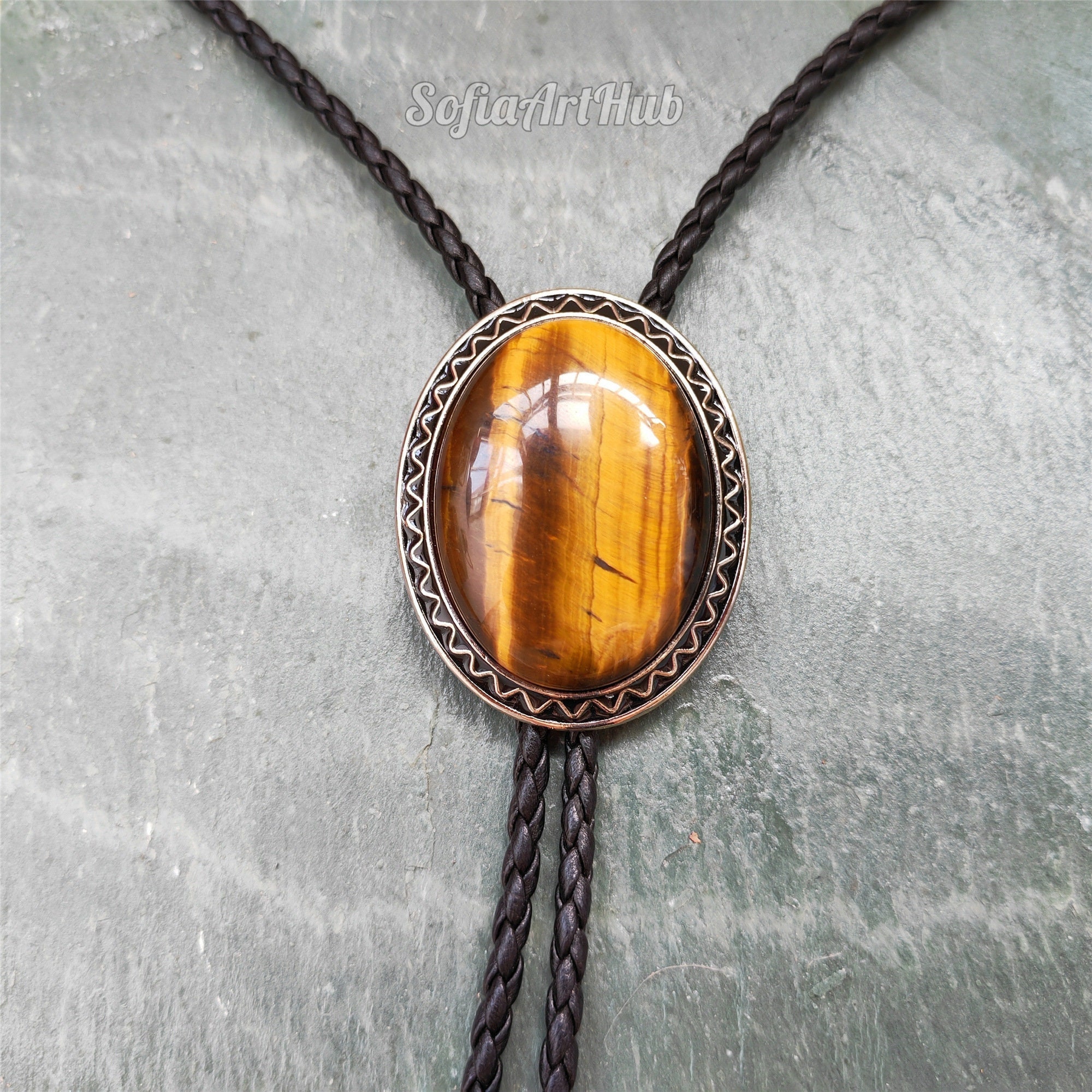 Bolo Tie Western - Plaque Argent Avec œil De Tigre, Attaches Clips, Neuf Avec étiquettes