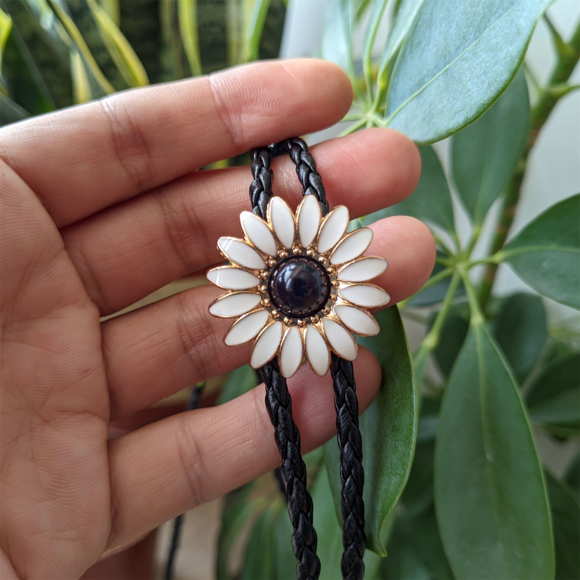Elegant Black & White Floral Tie Necklace Accessory White Floral Tie With Black Flowers , Skinny Necktie  main image 4