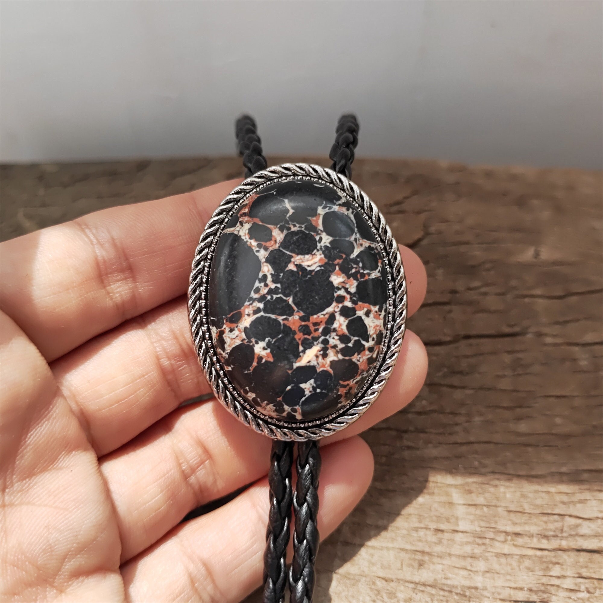 Black Spot Turquoise Bolo Tie - Wedding Necklace - PU Leather Rope - Western Cowboy - Native American Style Necktie