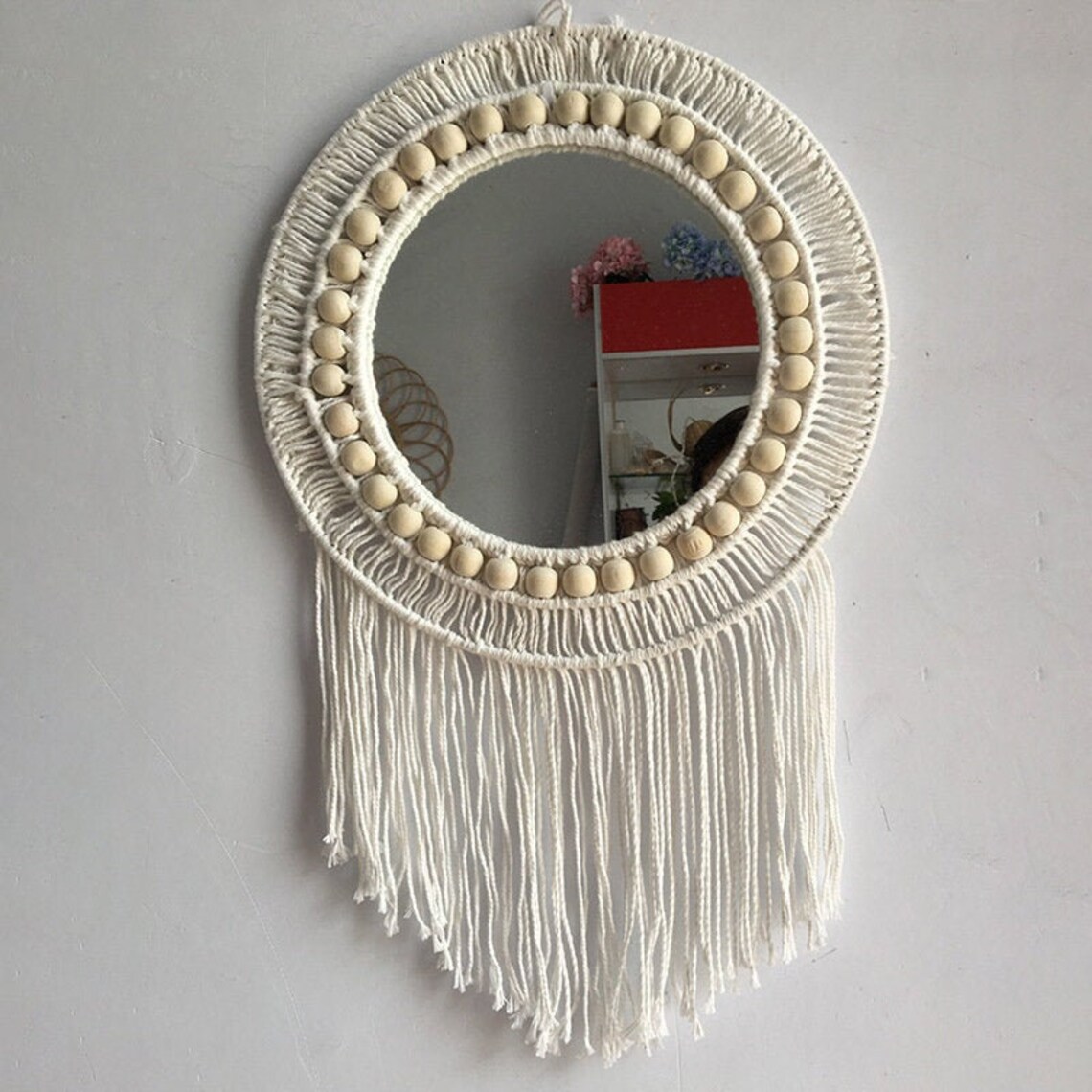 Wall Hanging Mirror w/ Tassel Wood Beads Beige Macrame | Etsy